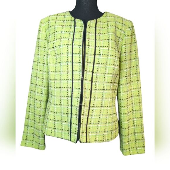 Y2K Elegant Chartreuse Fully lined Tweed Jacket w/ Hook eye closures - Size 12 - Picture 1 of 5